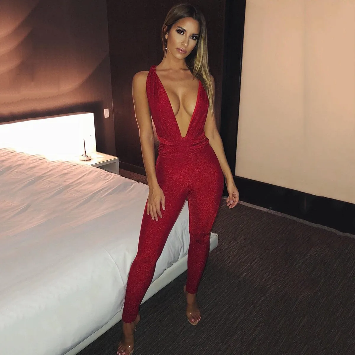 Polly Deep V-Neck Sparkle Bandage Jumpsuit