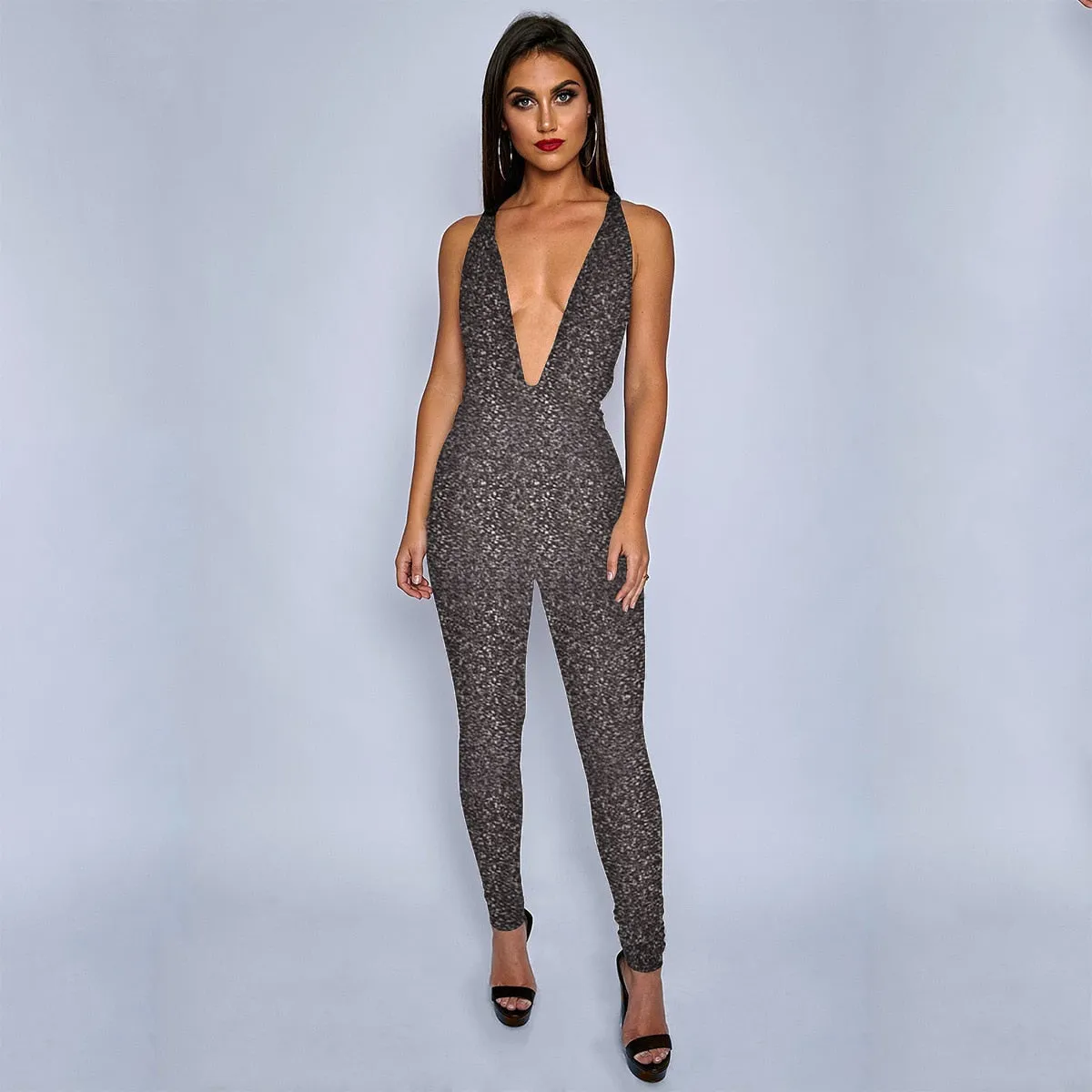 Polly Deep V-Neck Sparkle Bandage Jumpsuit