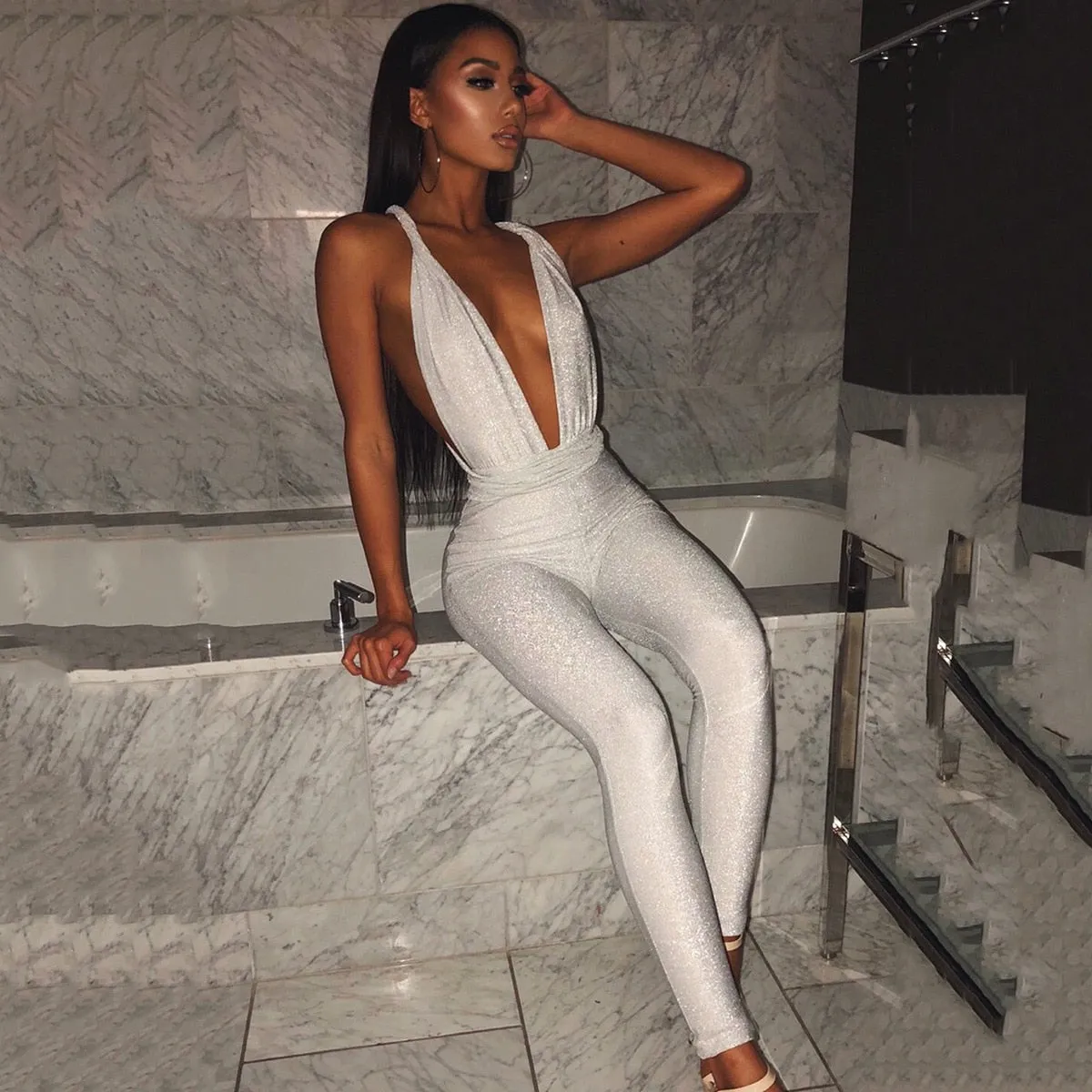 Polly Deep V-Neck Sparkle Bandage Jumpsuit