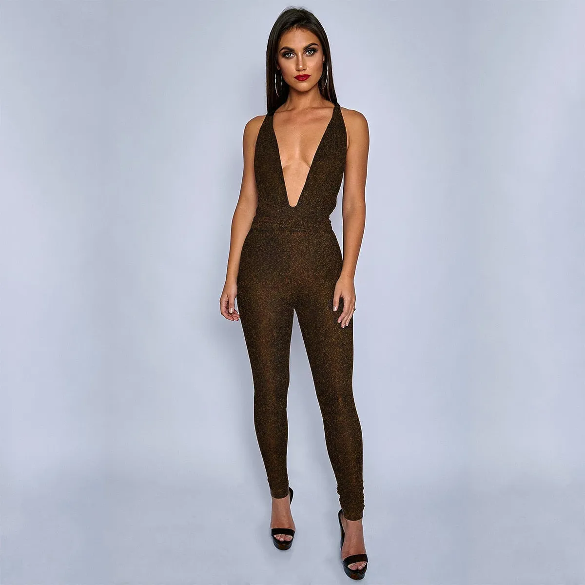 Polly Deep V-Neck Sparkle Bandage Jumpsuit