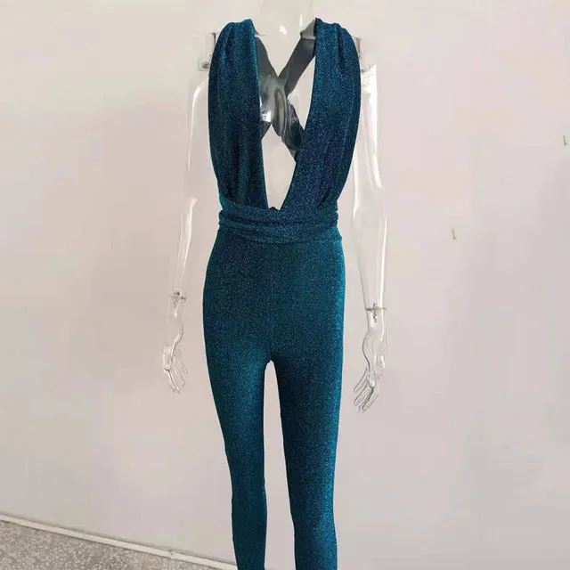 Polly Deep V-Neck Sparkle Bandage Jumpsuit