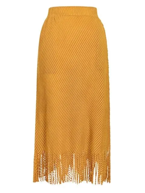 Pre Order:  Fringed Bottom Pleated Midi Skirt