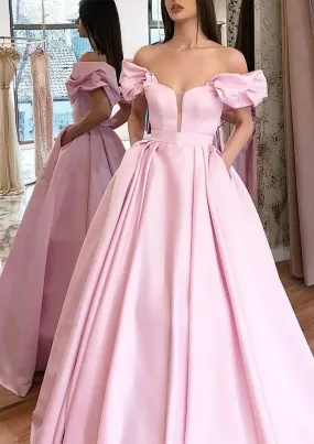 Princess Prom Dress Off Shoulder Plunging Puff Sleeve Pink Satin, Pleated Pockets