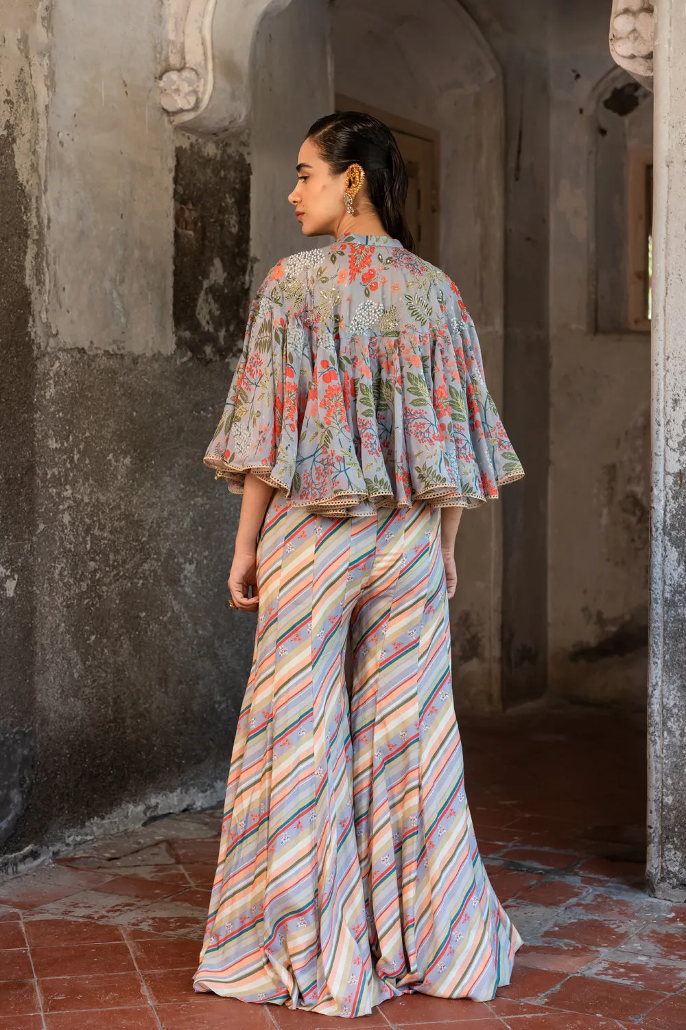 Printed Hand Embroidered Jumpsuit & Cape Set