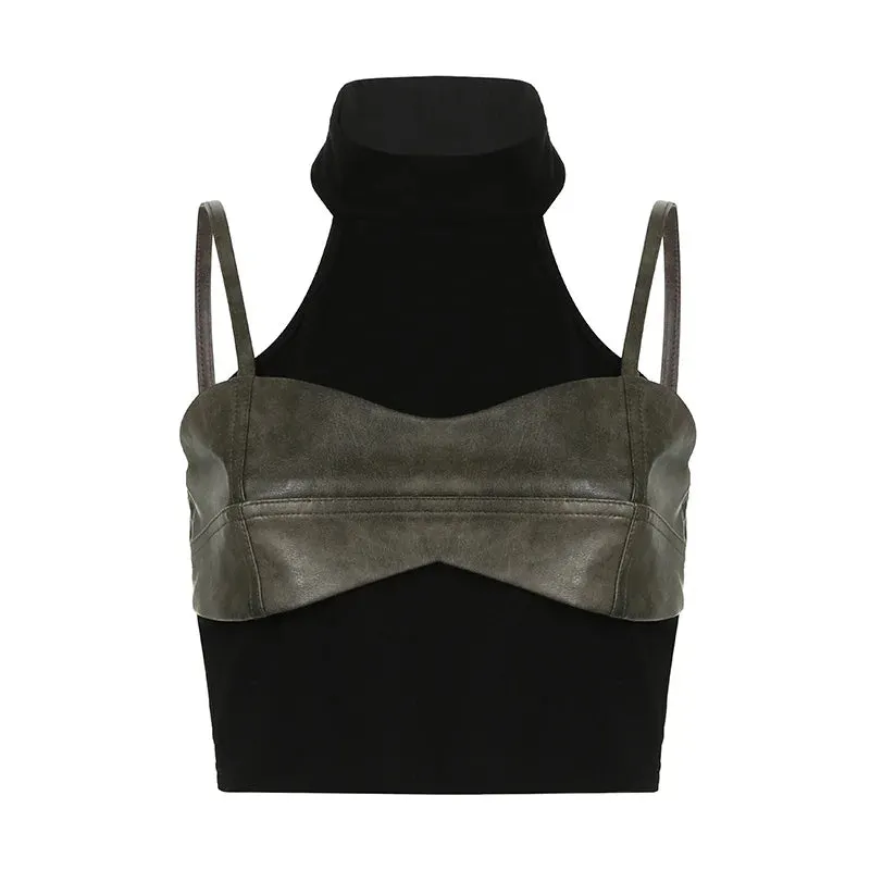 PU Leather Patchwork Sexy Crop Top Black Turtleneck Backless Tank Tops 2024 Summer Trends Techwear Camisole P67-DZ22