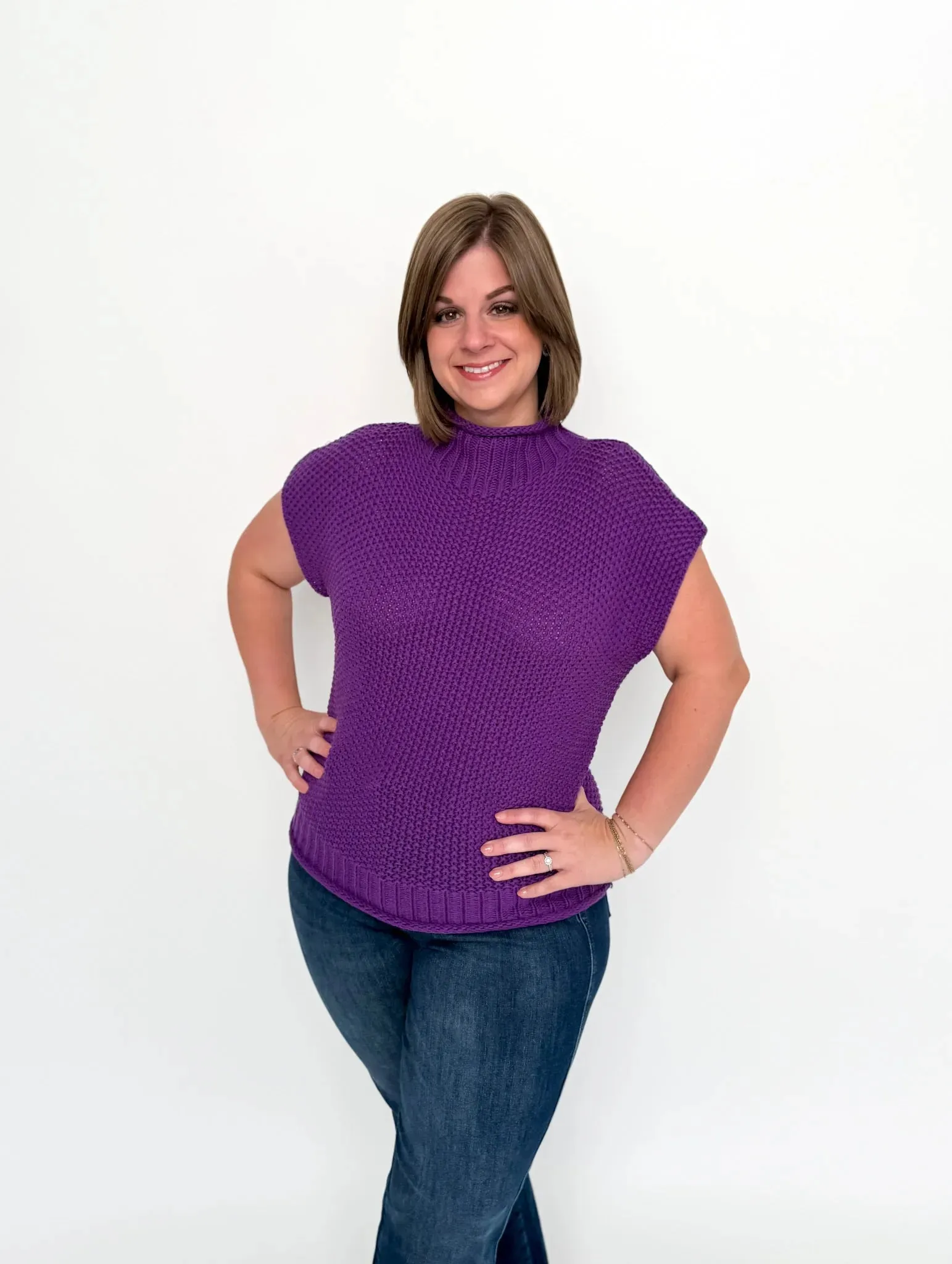 Purple Cap Sleeve Mock Neck Sweater