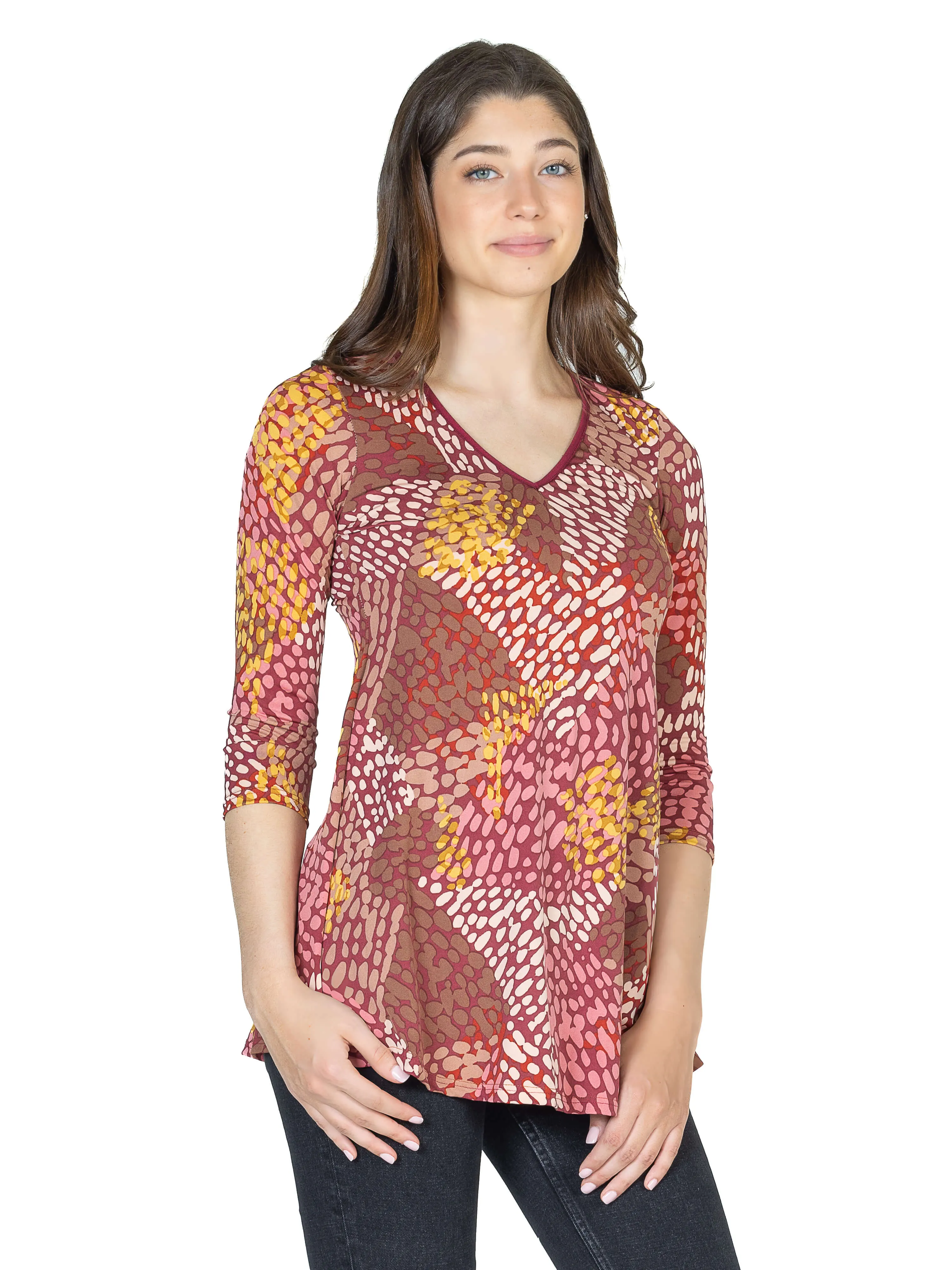 Red Print V Neck Three Quarter Sleeve Tunic Top