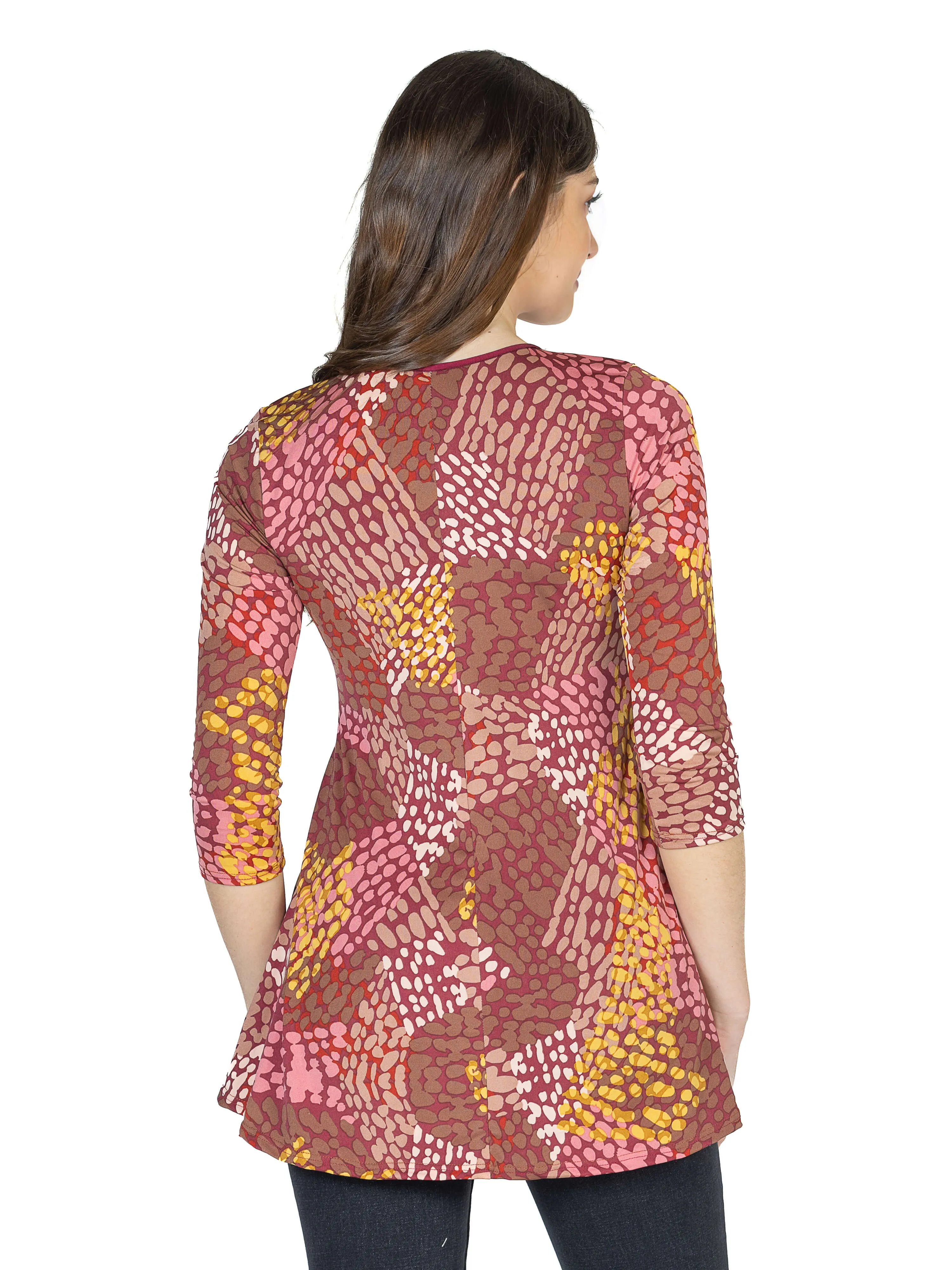 Red Print V Neck Three Quarter Sleeve Tunic Top