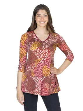 Red Print V Neck Three Quarter Sleeve Tunic Top