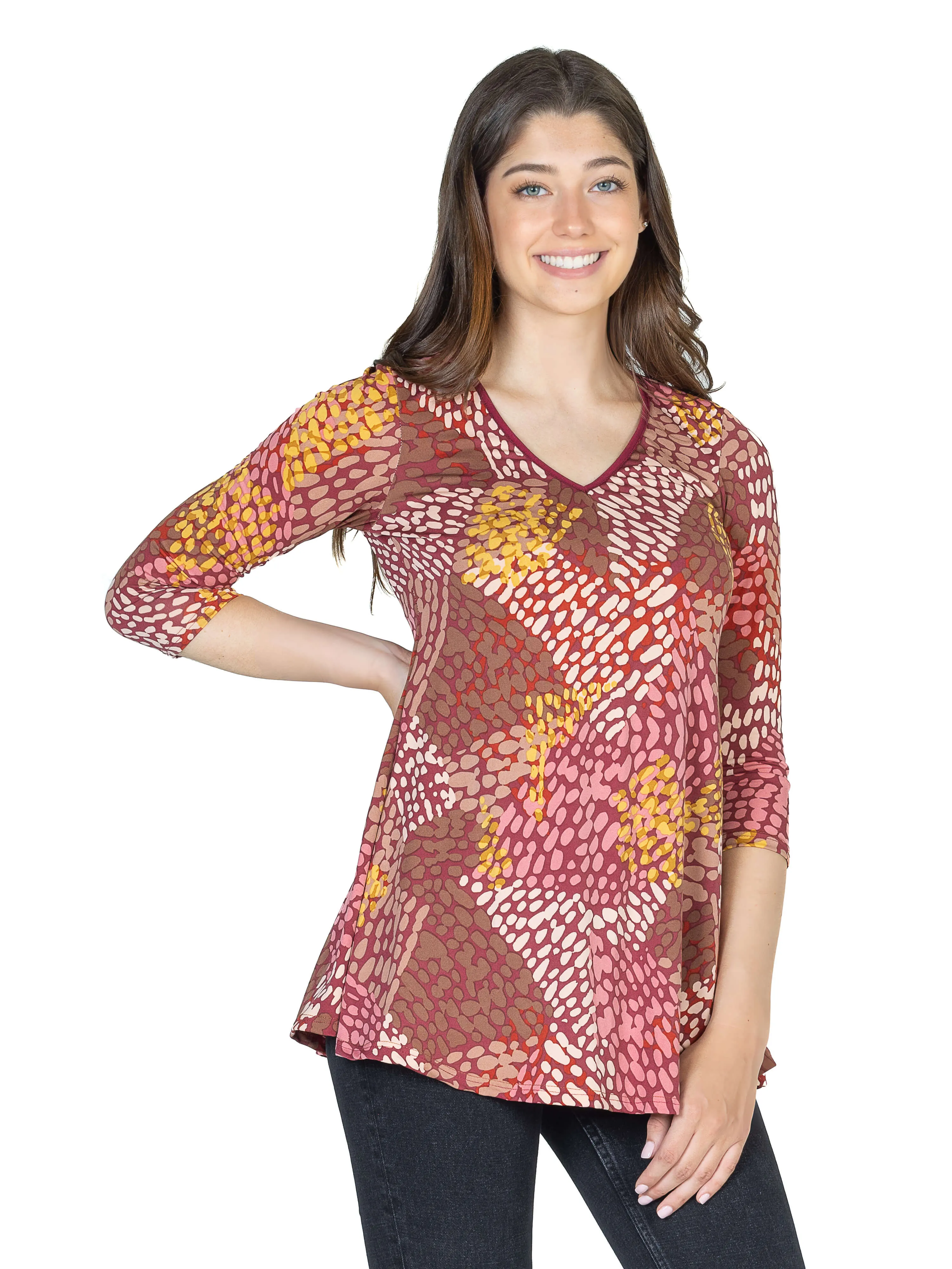 Red Print V Neck Three Quarter Sleeve Tunic Top