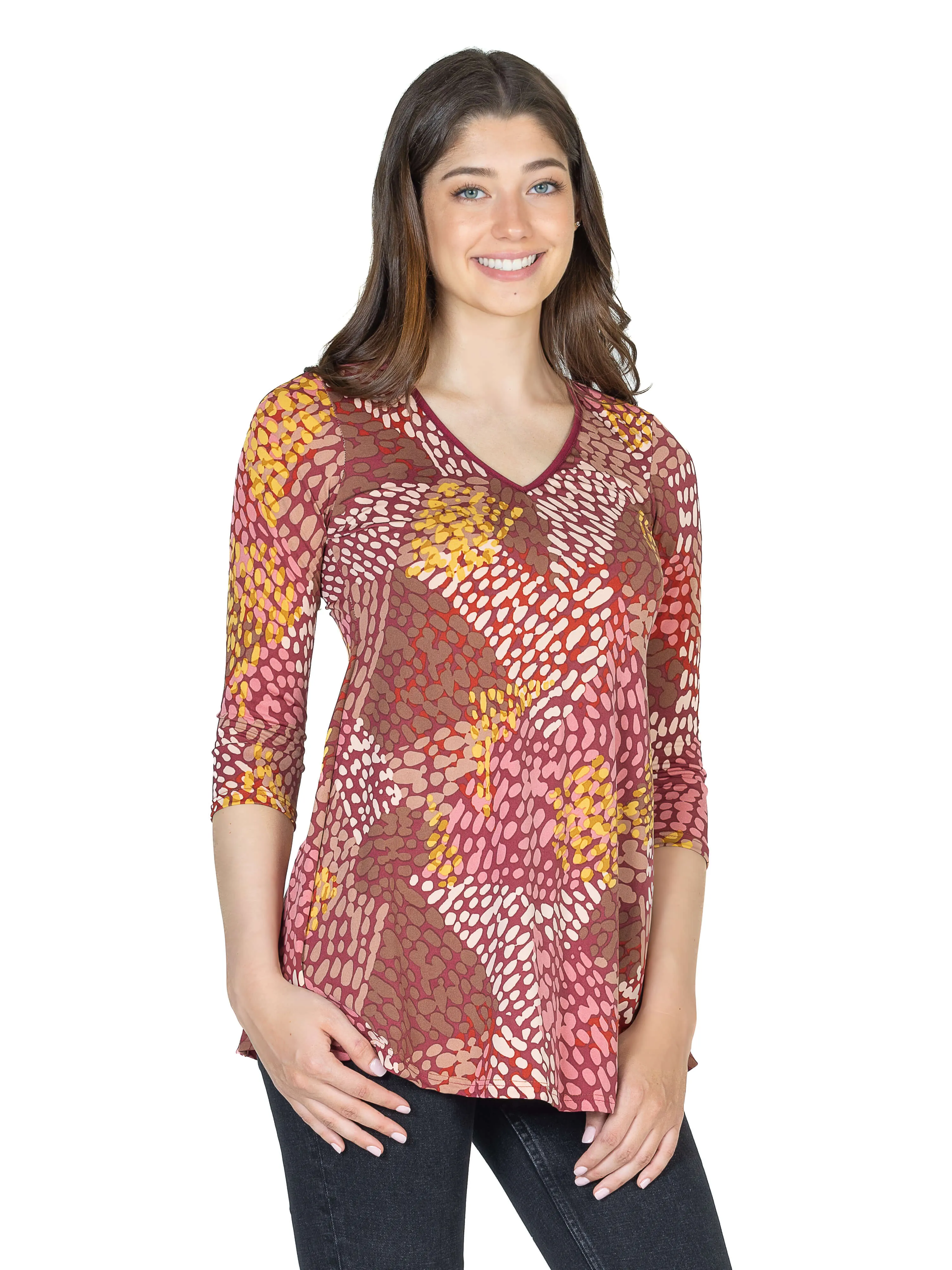 Red Print V Neck Three Quarter Sleeve Tunic Top