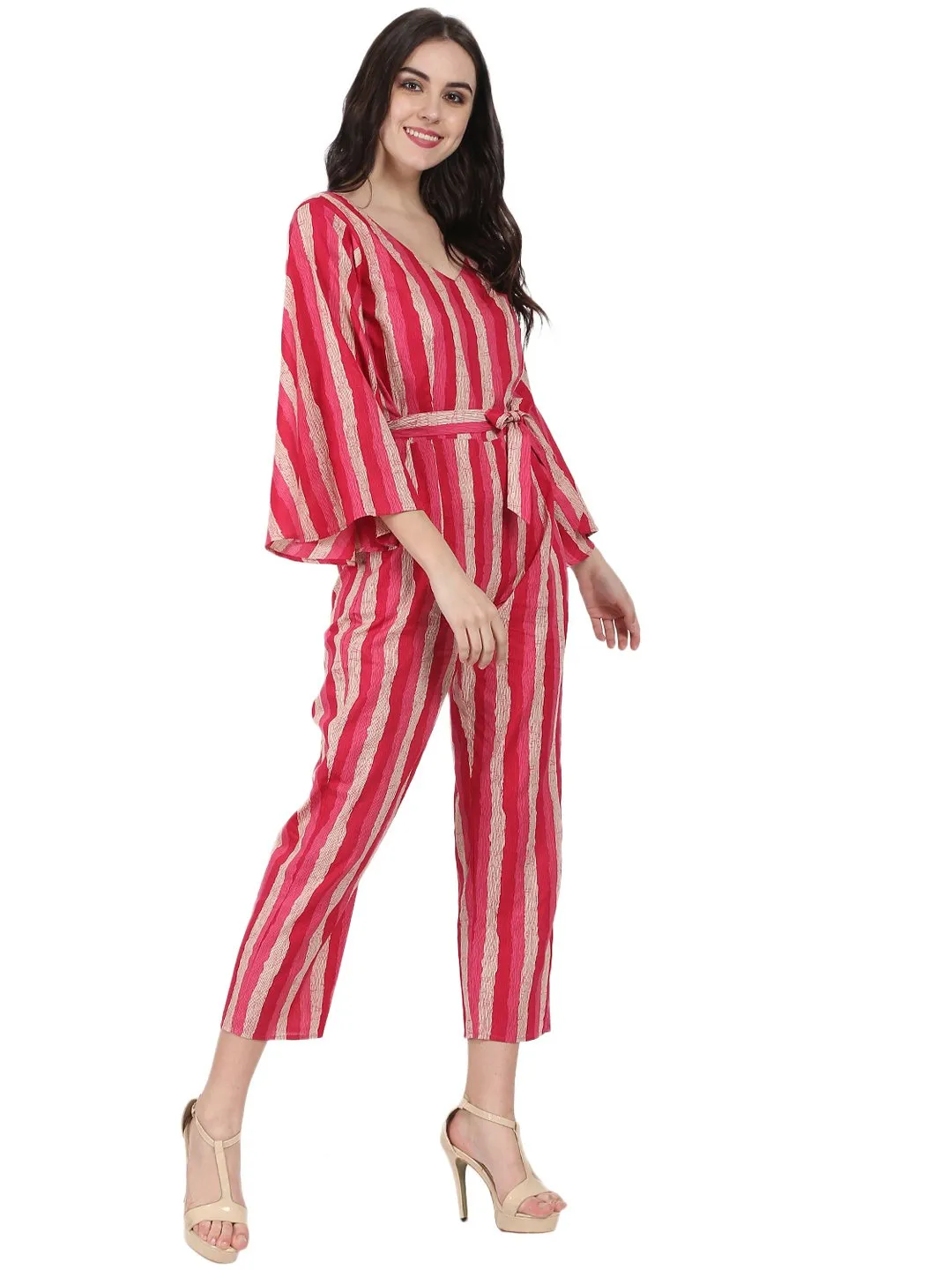 Red Printed 3/4Th Sleeve Cotton Jumpsuit