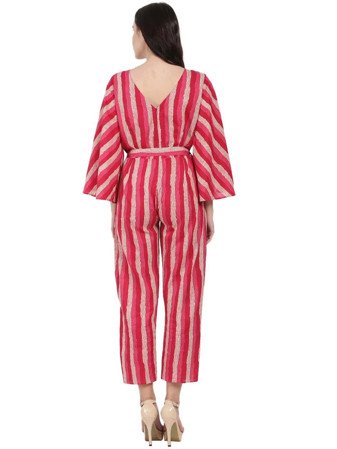 Red Printed 3/4Th Sleeve Cotton Jumpsuit