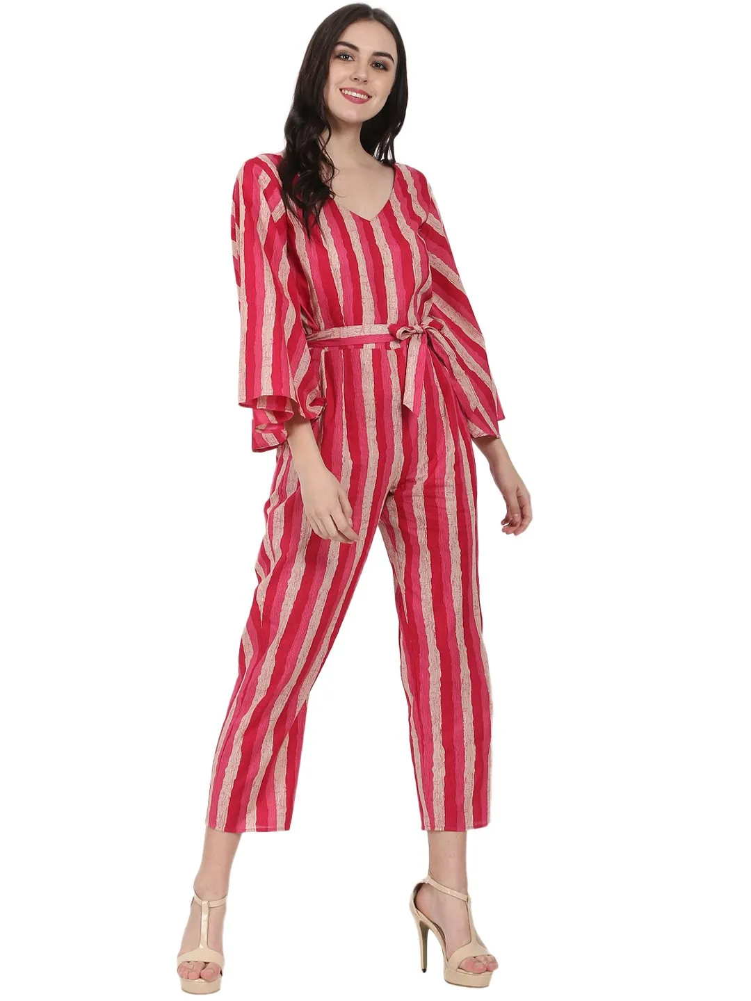 Red Printed 3/4Th Sleeve Cotton Jumpsuit