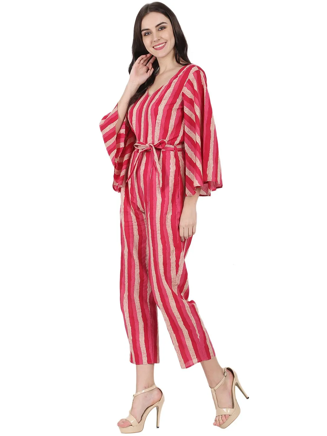 Red Printed 3/4Th Sleeve Cotton Jumpsuit