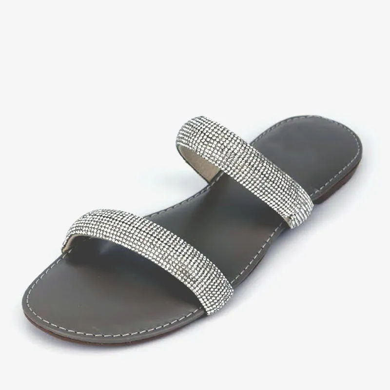 Rhinestone Flat Sandals Round Toe Dual Strap Slip On Slippers