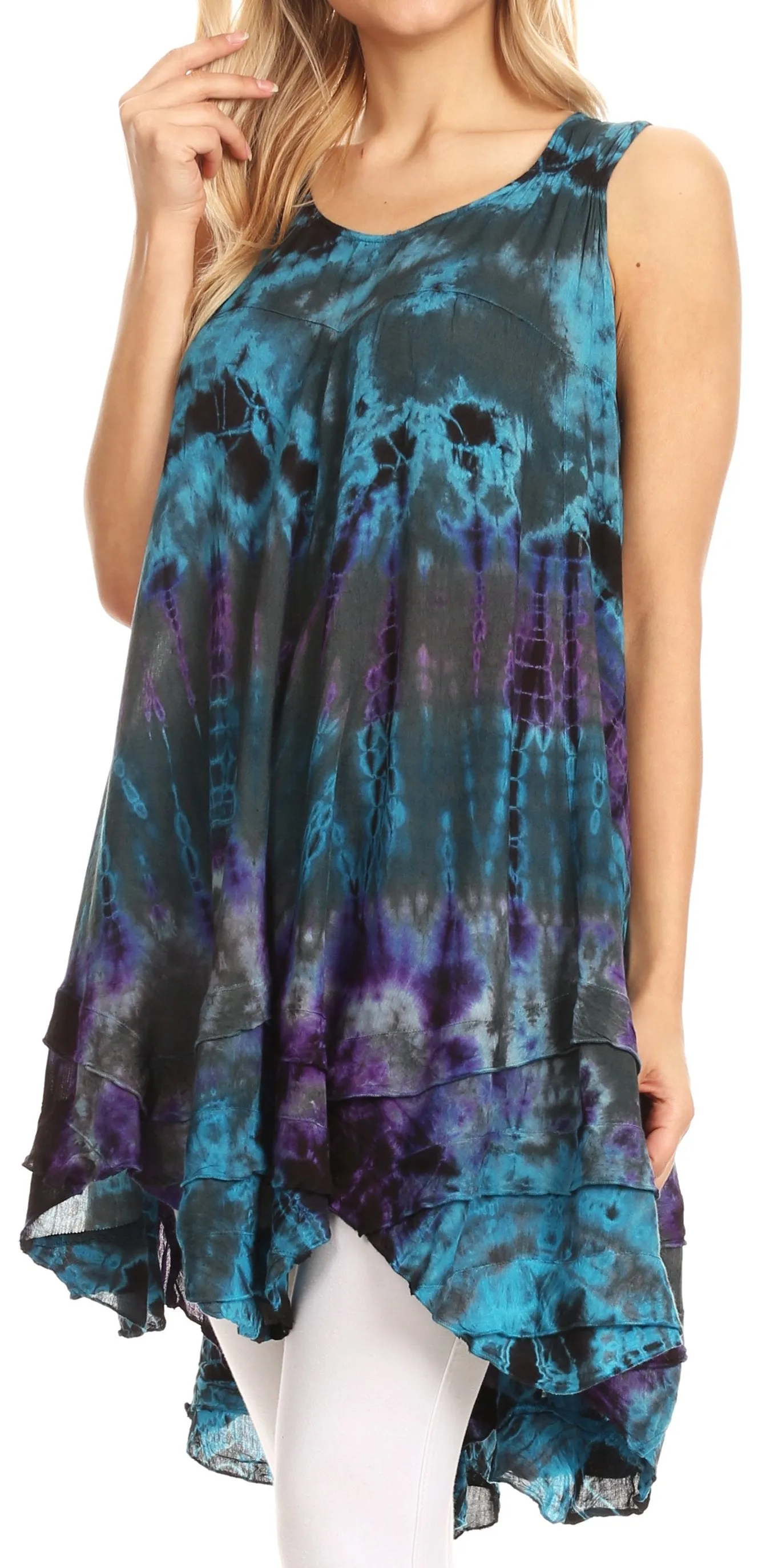 Sakkas Priya Sleeveless Tie Dye Handkerchief Hem Tunic with Smocked Racerback