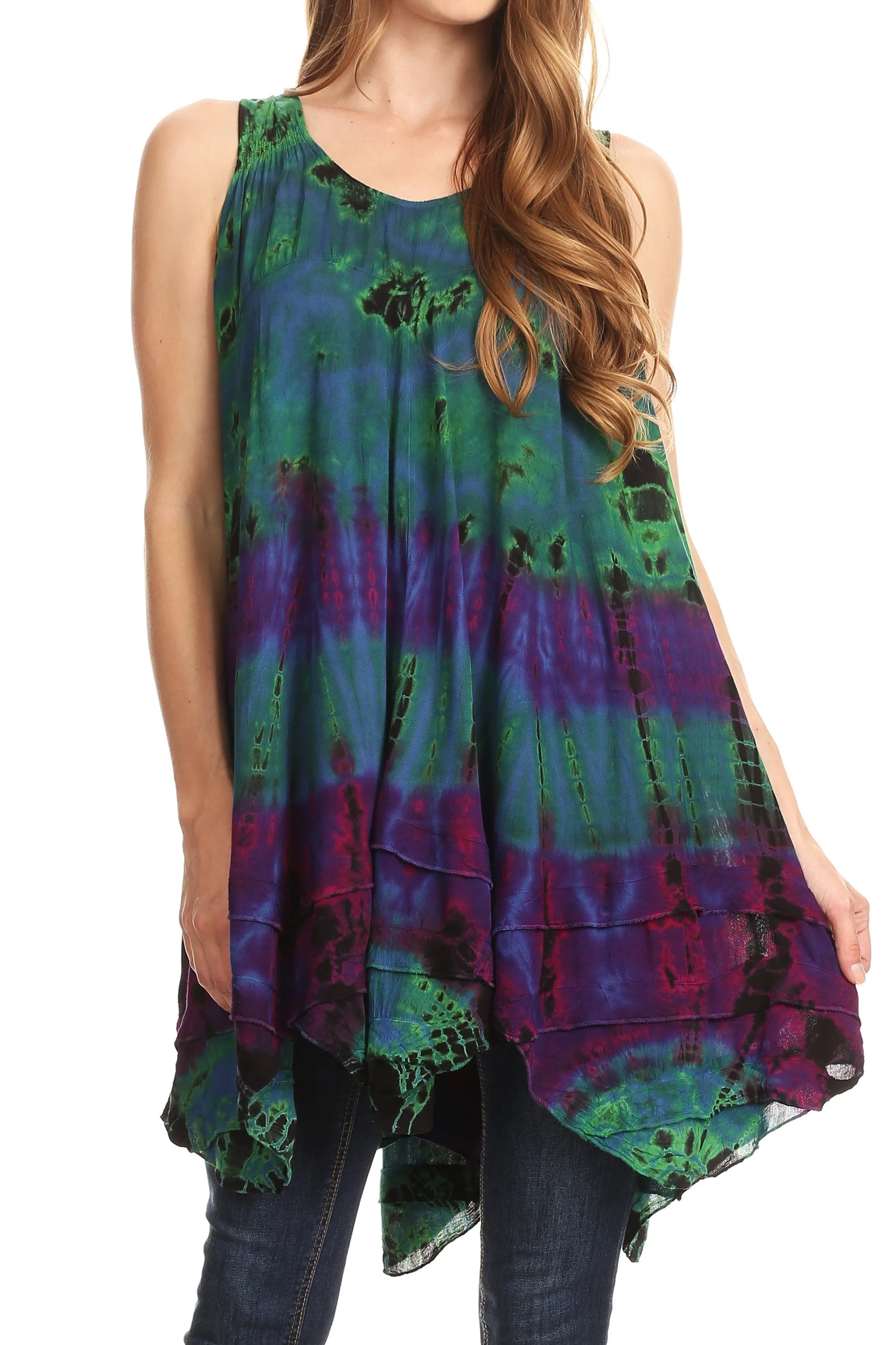 Sakkas Priya Sleeveless Tie Dye Handkerchief Hem Tunic with Smocked Racerback