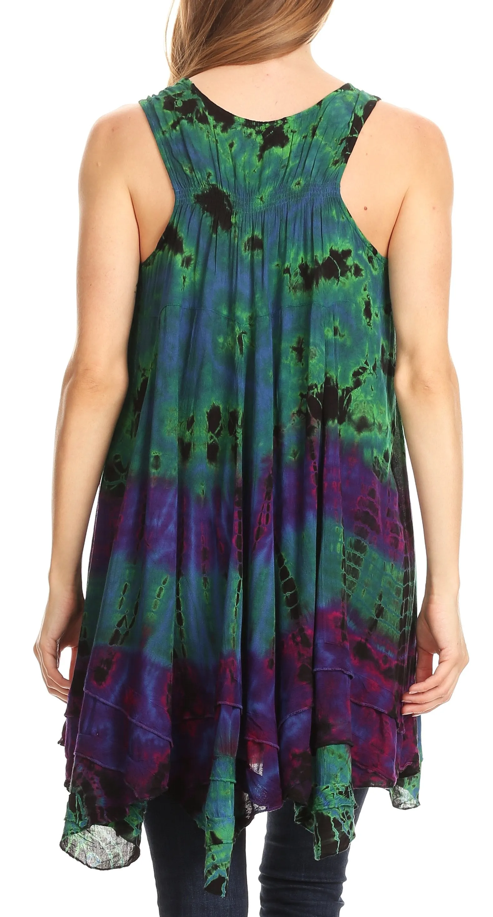 Sakkas Priya Sleeveless Tie Dye Handkerchief Hem Tunic with Smocked Racerback