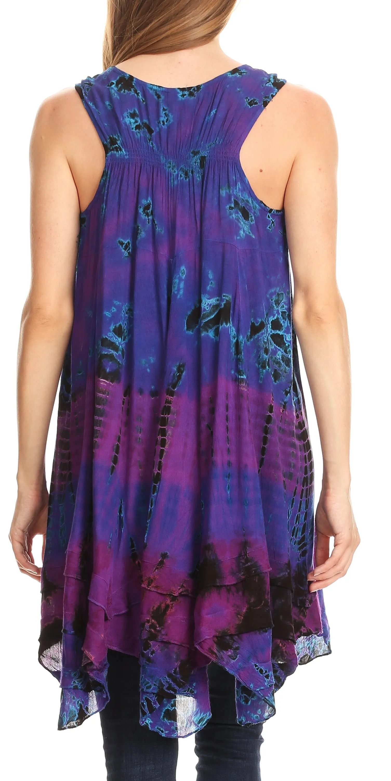 Sakkas Priya Sleeveless Tie Dye Handkerchief Hem Tunic with Smocked Racerback