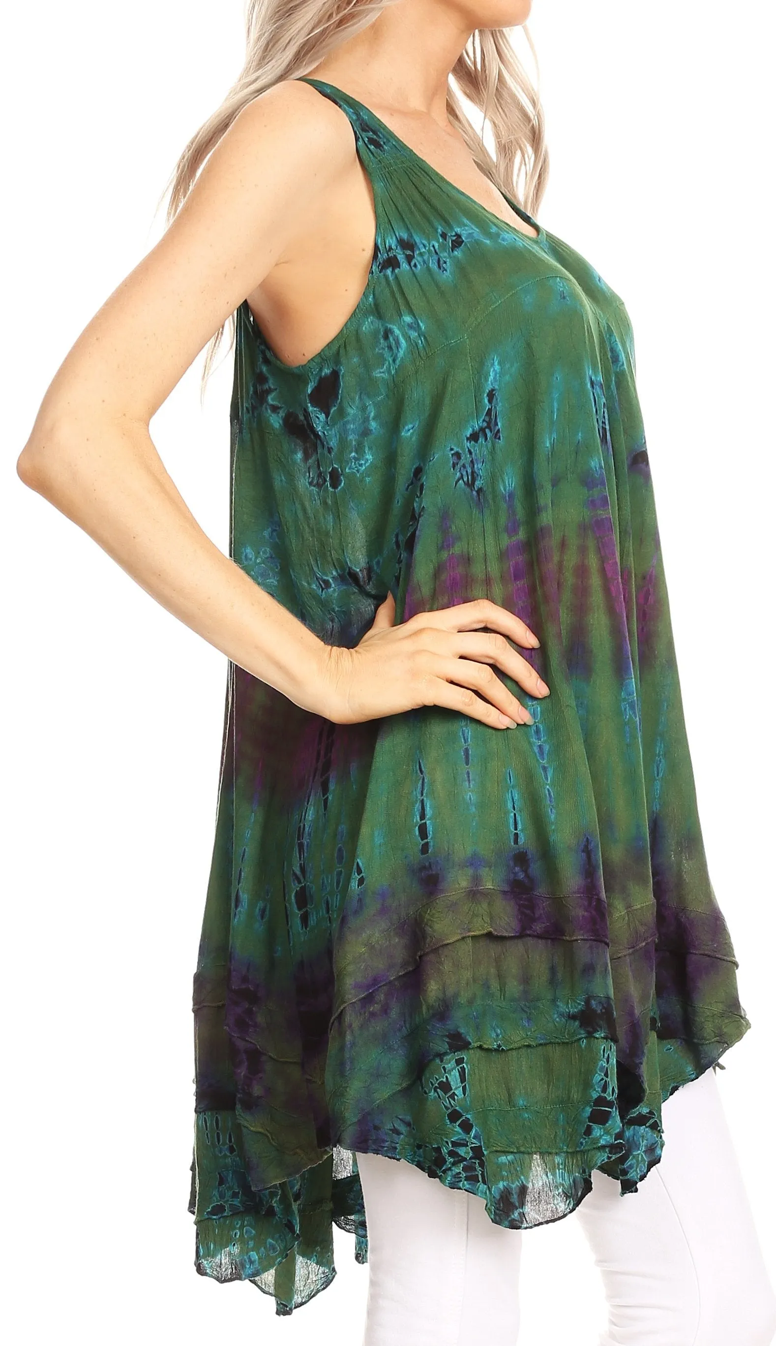 Sakkas Priya Sleeveless Tie Dye Handkerchief Hem Tunic with Smocked Racerback