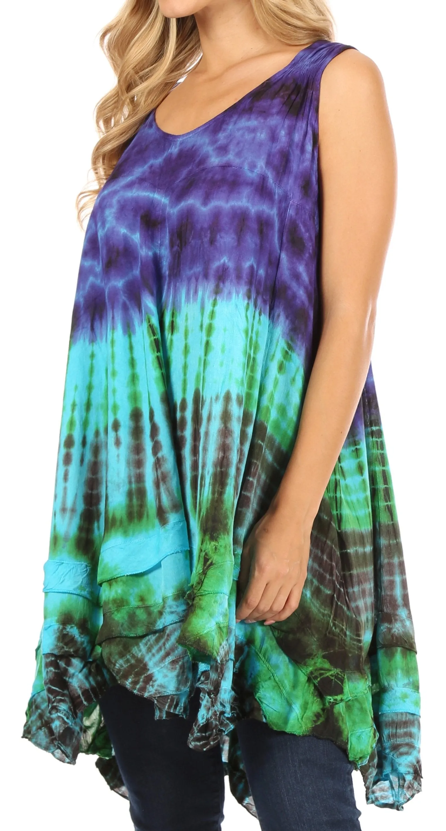 Sakkas Priya Sleeveless Tie Dye Handkerchief Hem Tunic with Smocked Racerback