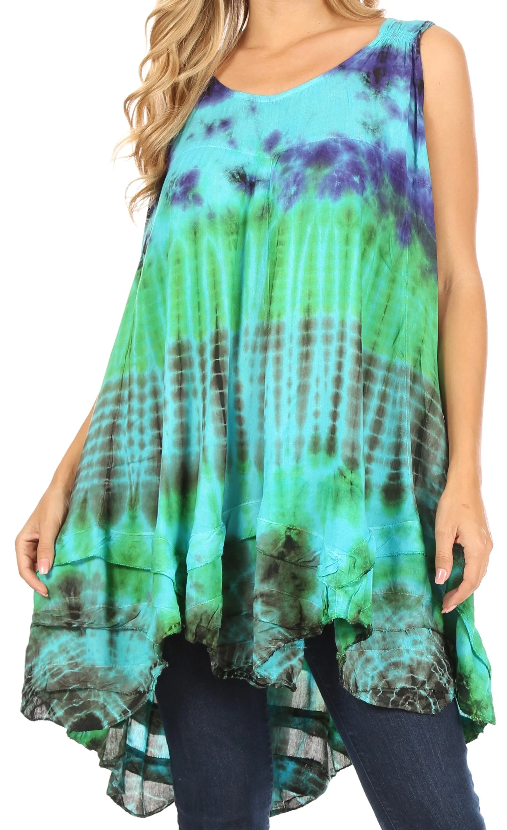 Sakkas Priya Sleeveless Tie Dye Handkerchief Hem Tunic with Smocked Racerback