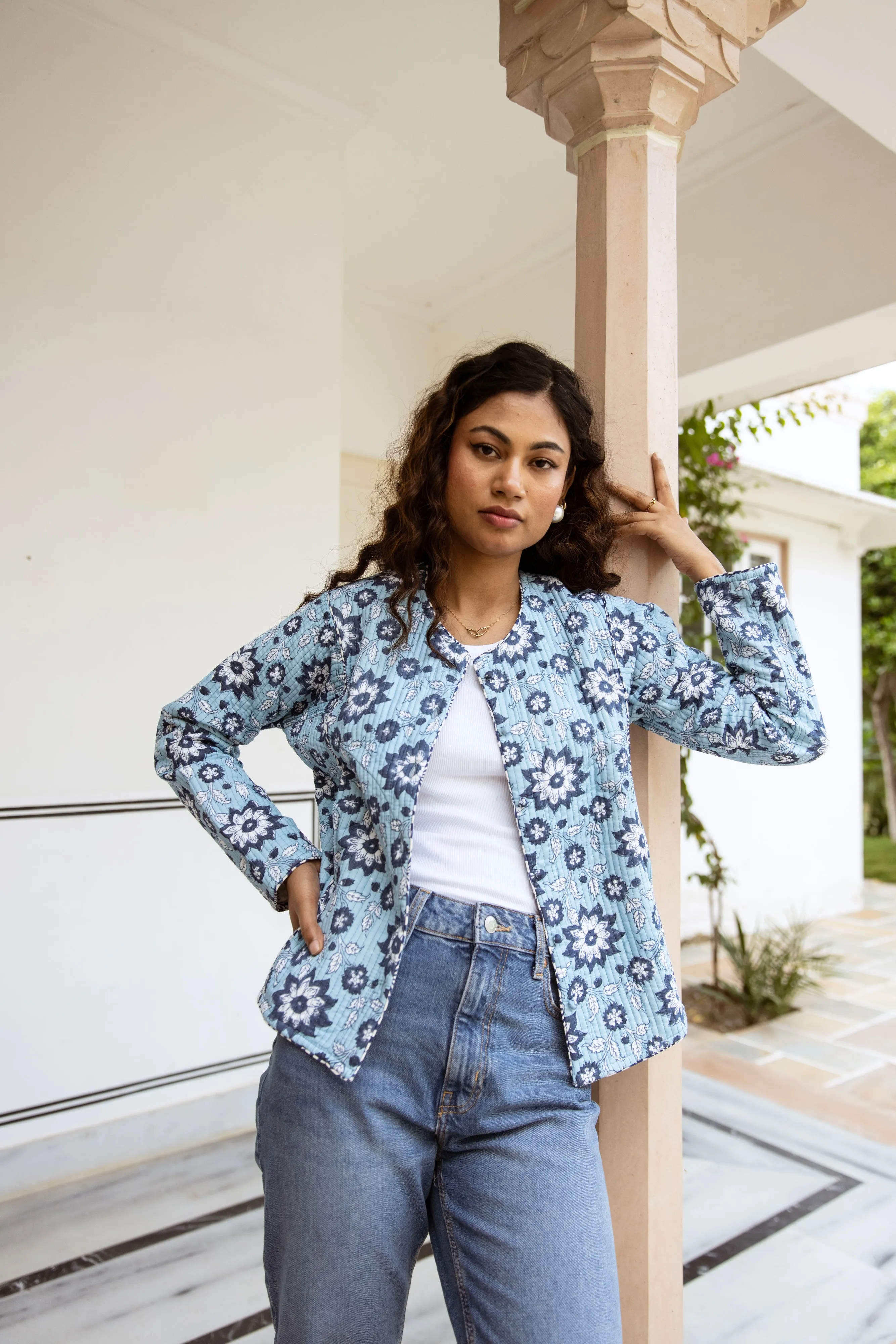 SALE Fitted quilted jacket - Blue Floral Print