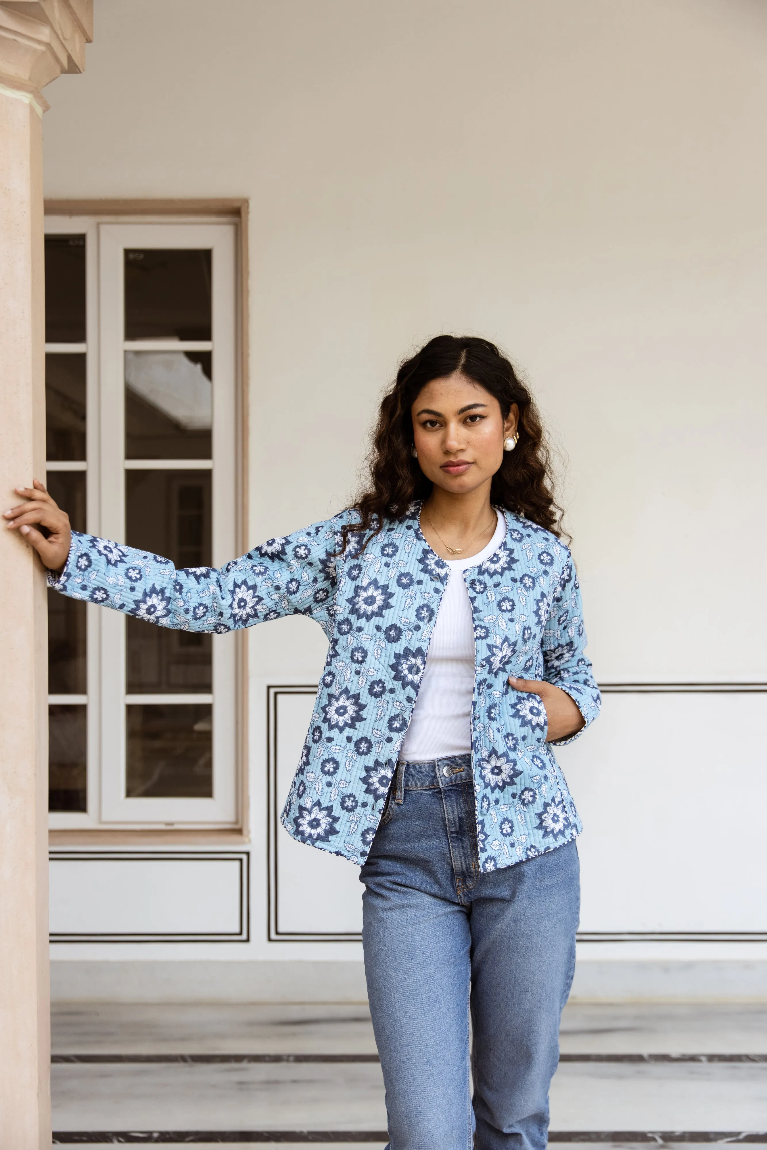 SALE Fitted quilted jacket - Blue Floral Print