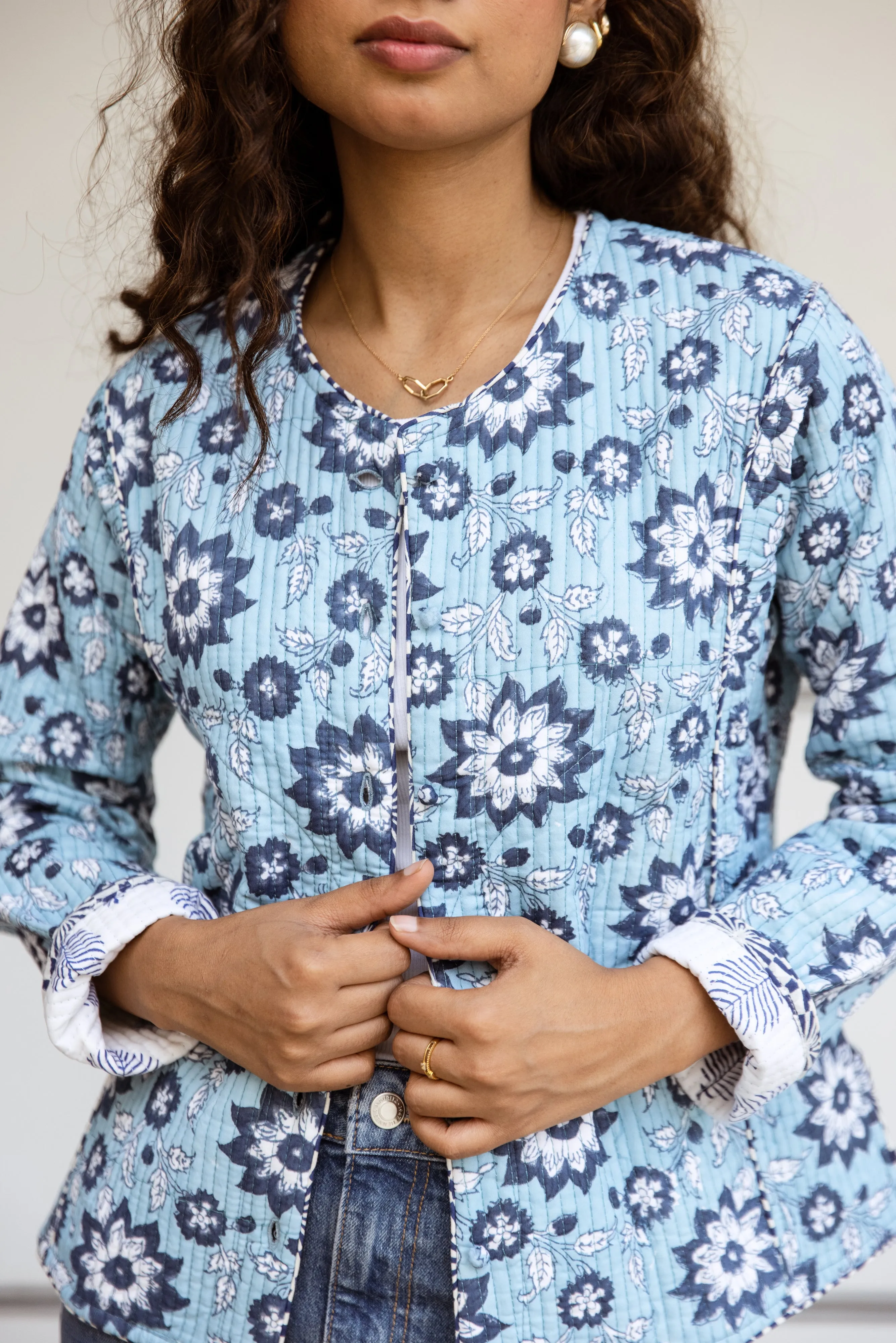 SALE Fitted quilted jacket - Blue Floral Print