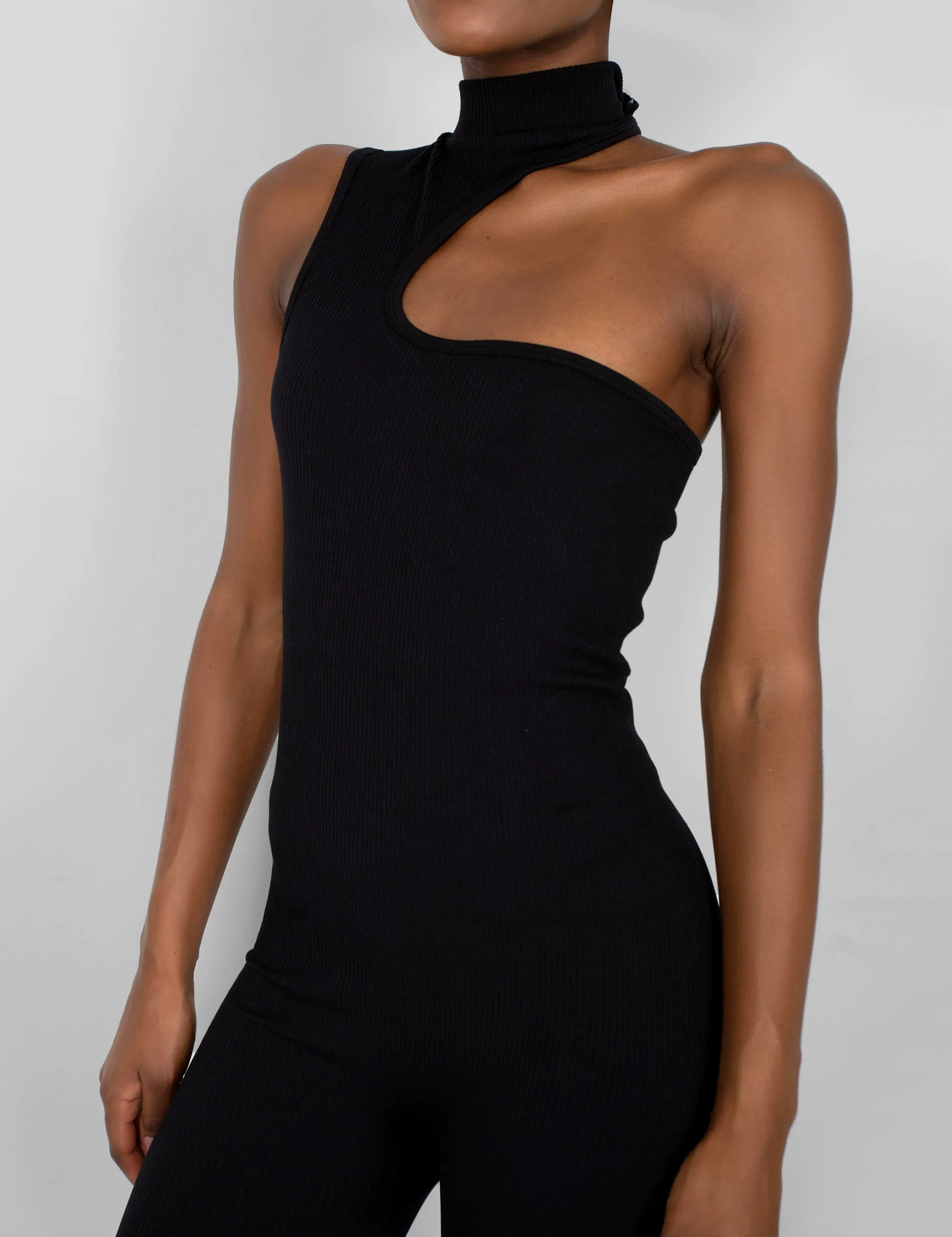 Seamless Asymmetric Neck Jumpsuit Unitard Black