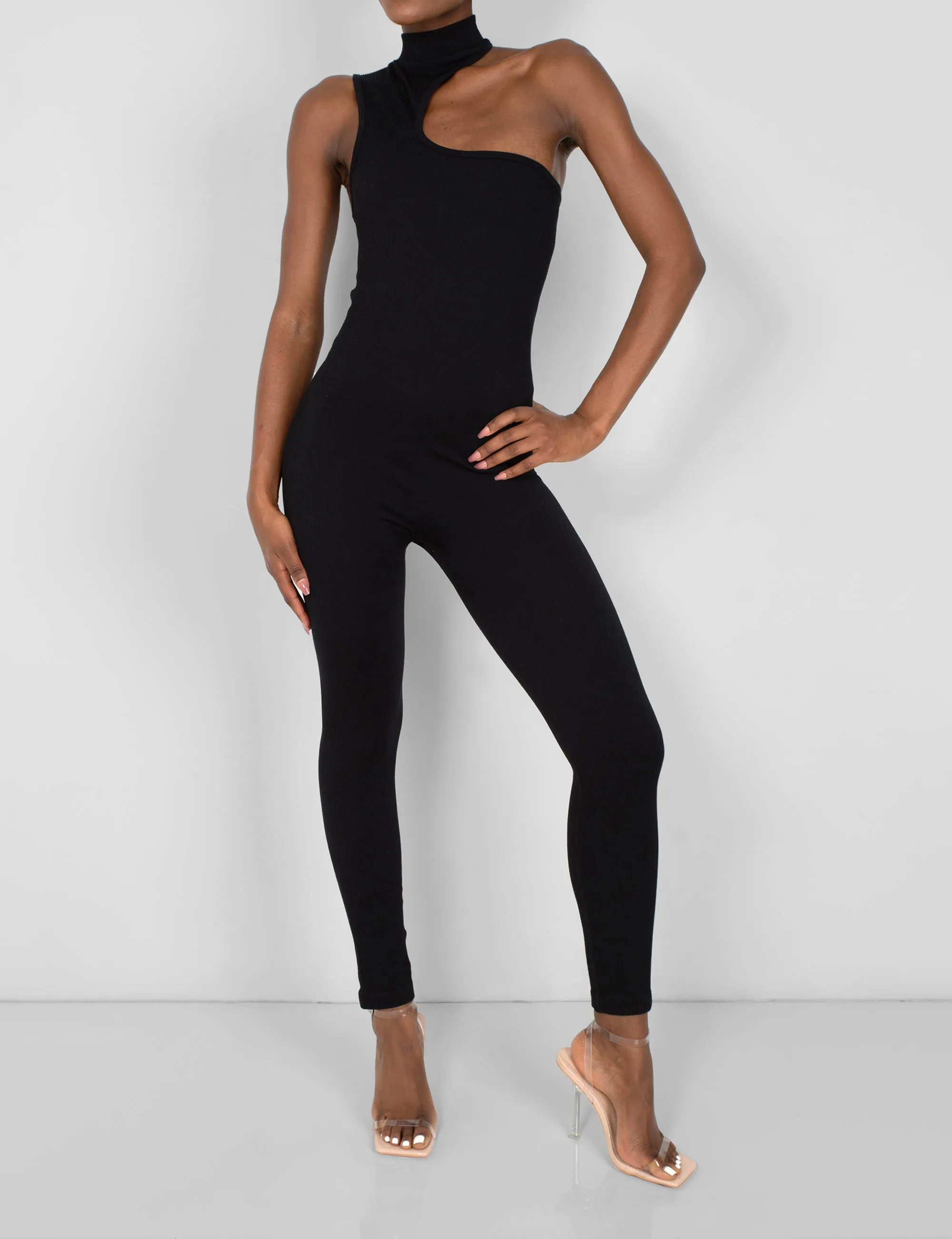 Seamless Asymmetric Neck Jumpsuit Unitard Black