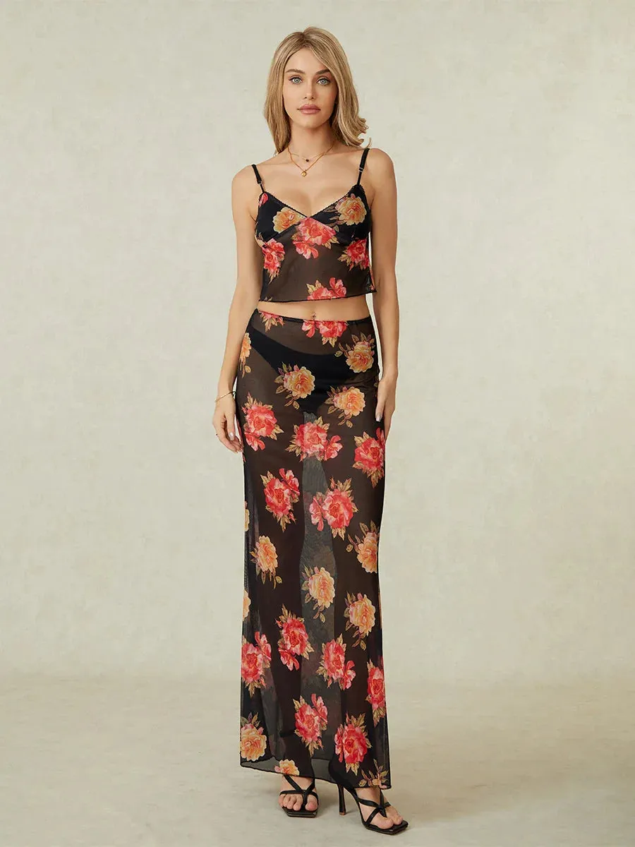 Set Y2K Floral Print V-Neck Cami Tops See Though Maxi 2 Pieces Partywear Sexy Skirt