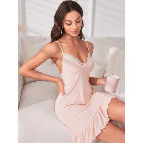 Sexy Slip Nightdress Women Summer Backless Lace Ruffled Stitching Home Pajamas Women