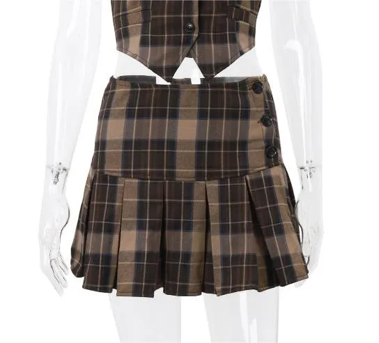 Sexy Two Piece Suit Summer Sexy Retro Plaid Vest Graceful Pleated Skirt Set