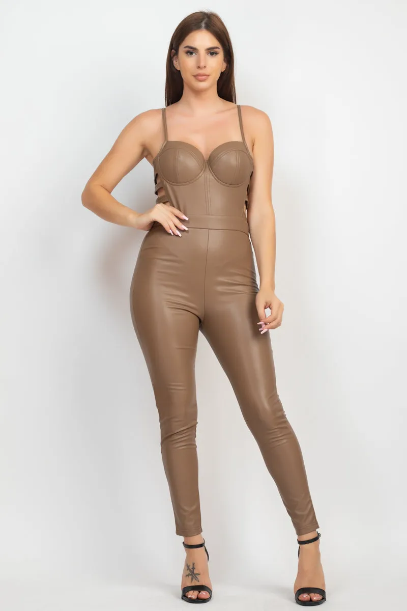 Side Cutout Faux Leather Jumpsuit