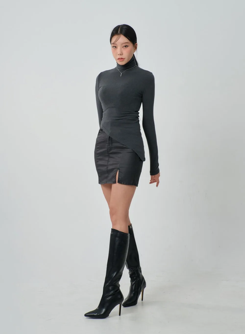 Side Slit Faux Leather Skort IJ319