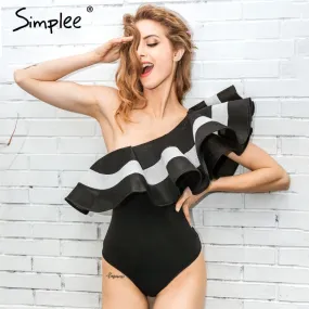 Simplee Sexy ruffle one shoulder bodysuit Summer elegant stripe women jumpsuit romper Bodycon party club overalls playsuit 2017