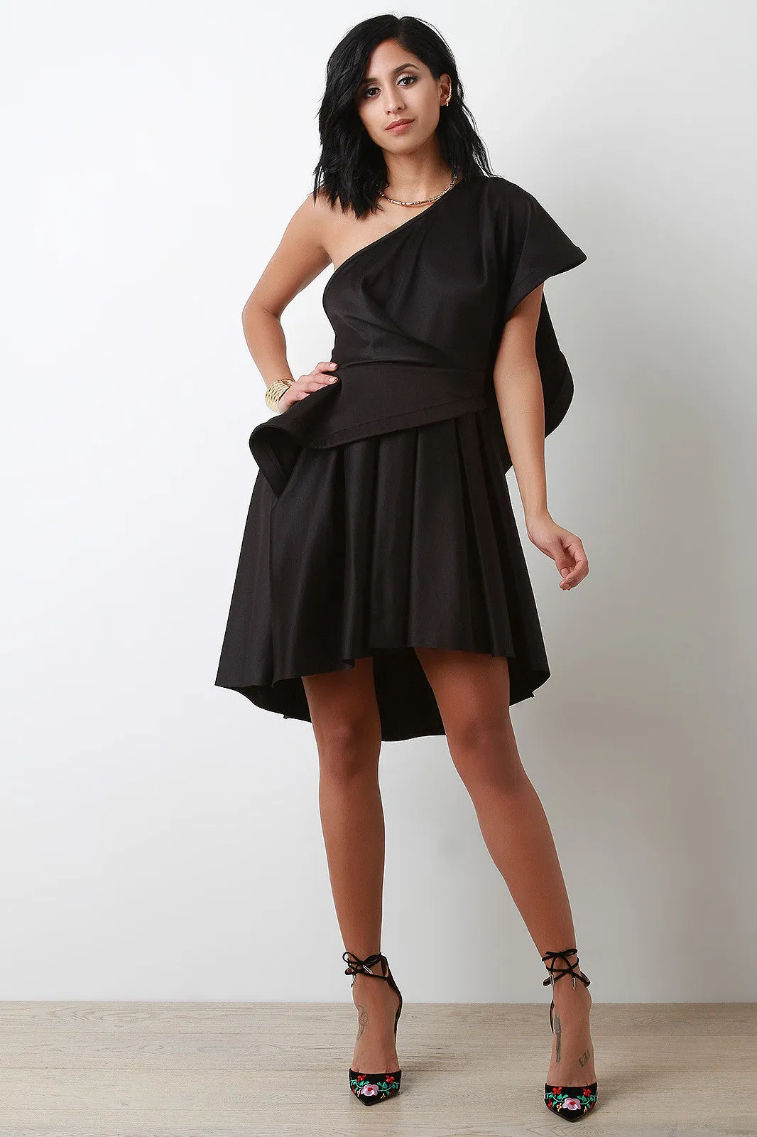 Single Shoulder Pleated Skater Dress