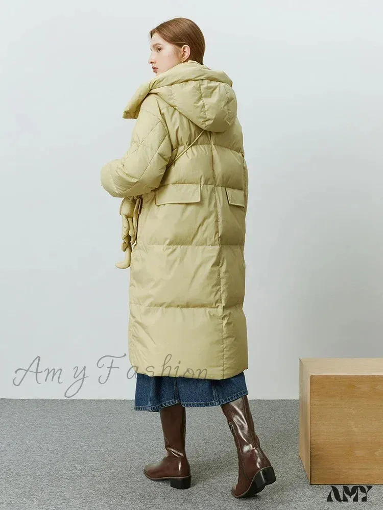 Solid Duck Down Detachable Bunny Bag Long Warm Winter Coat