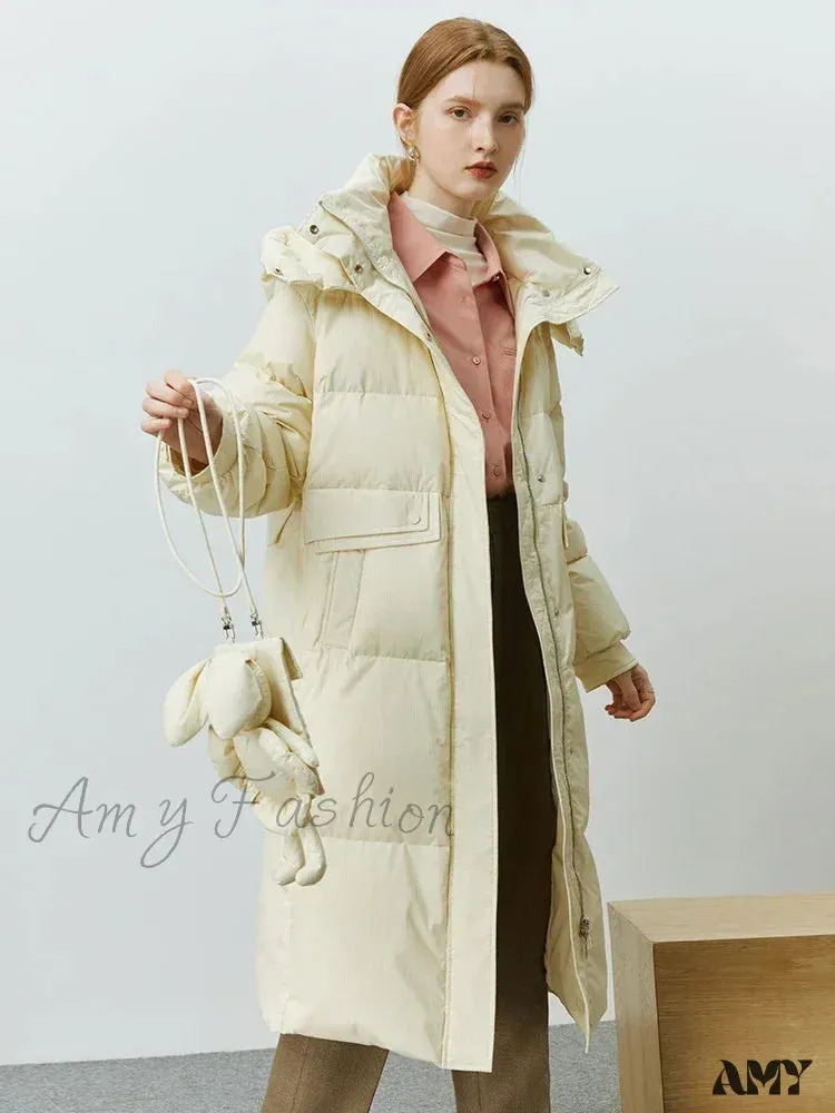 Solid Duck Down Detachable Bunny Bag Long Warm Winter Coat