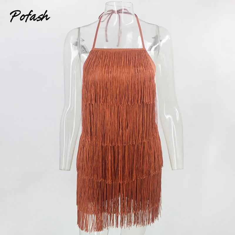 Solid Tassel Backless Playsuits Tie Halter Sleeveless Summer Club Party Rompers Slim Bodycon Jumpsuit