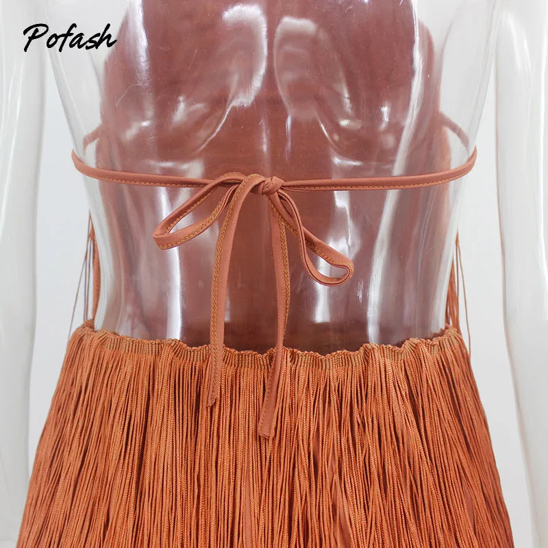 Solid Tassel Backless Playsuits Tie Halter Sleeveless Summer Club Party Rompers Slim Bodycon Jumpsuit