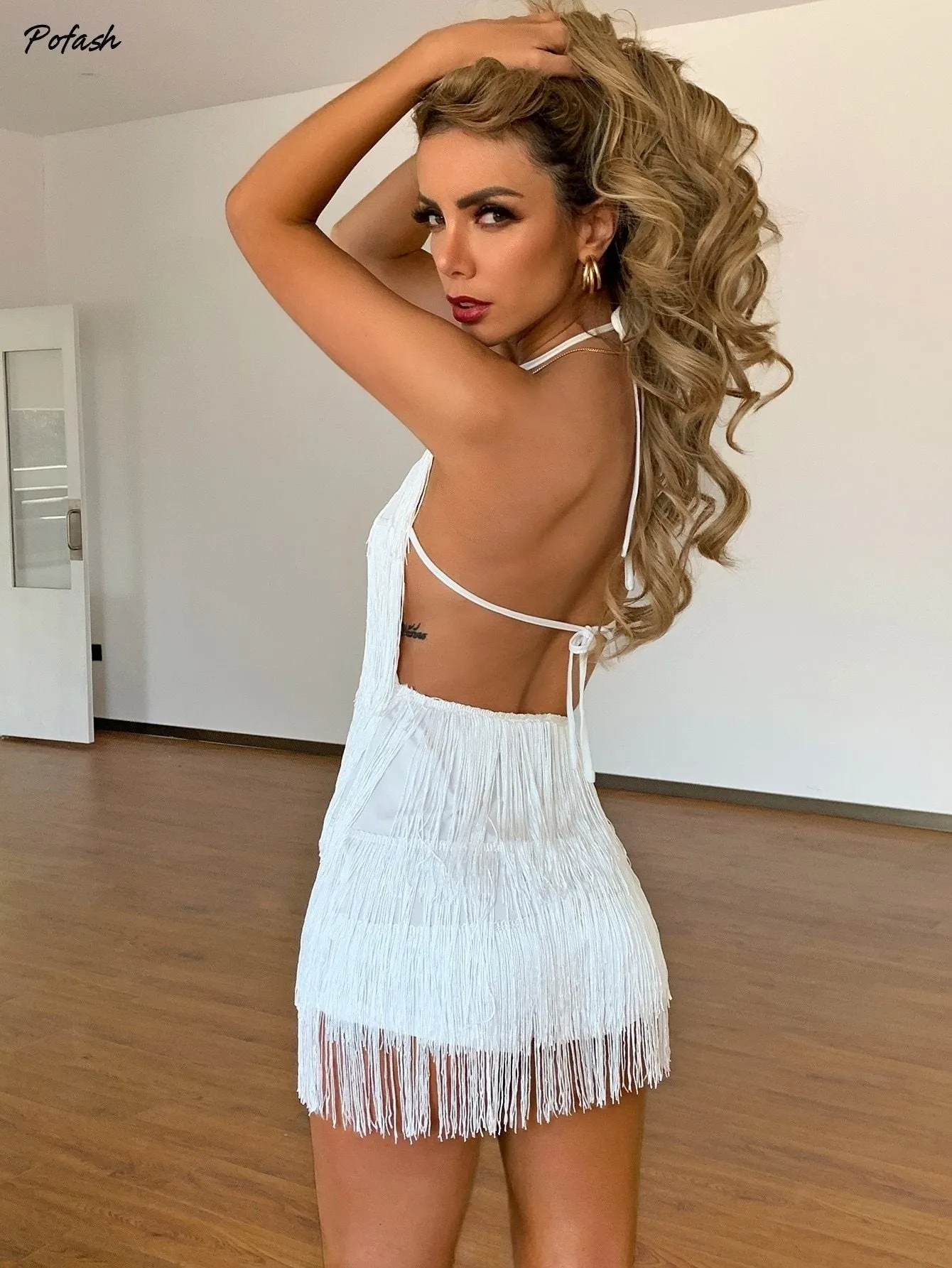 Solid Tassel Backless Playsuits Tie Halter Sleeveless Summer Club Party Rompers Slim Bodycon Jumpsuit