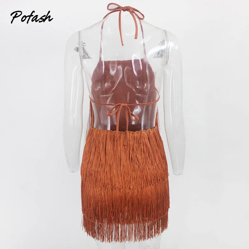 Solid Tassel Backless Playsuits Tie Halter Sleeveless Summer Club Party Rompers Slim Bodycon Jumpsuit