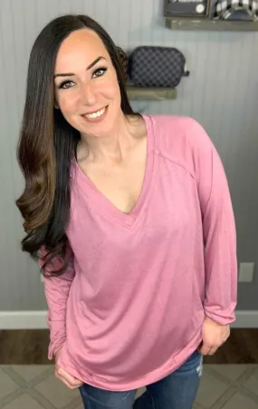 Solid V-Neck Top, Mauve