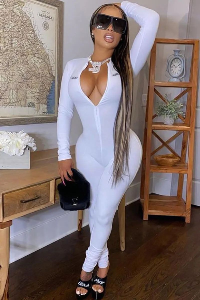 Solid Zip Front Bodycon Jumpsuit Long Sleeve