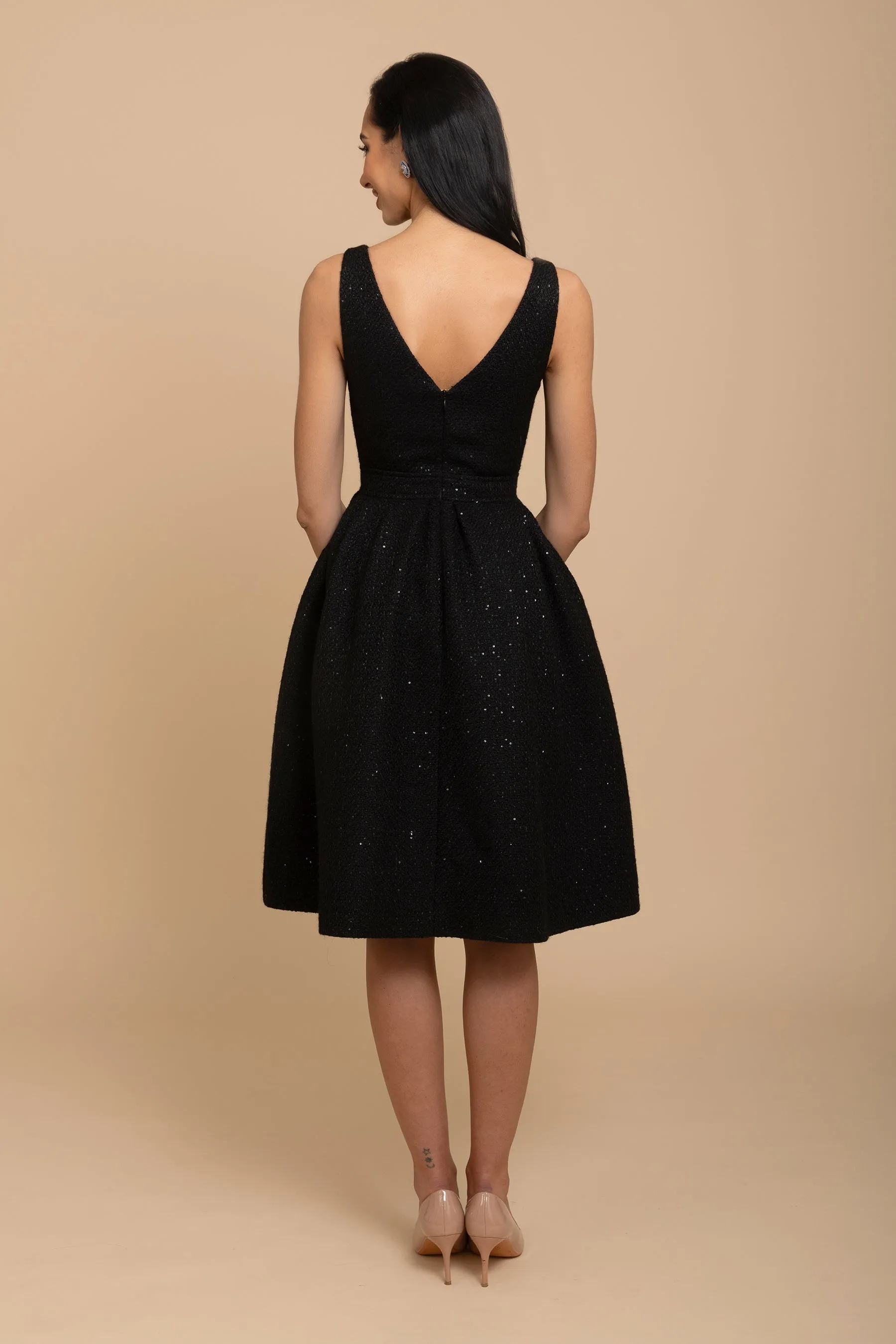 'Splendour' Wool Tweed Midi Dress in Nero