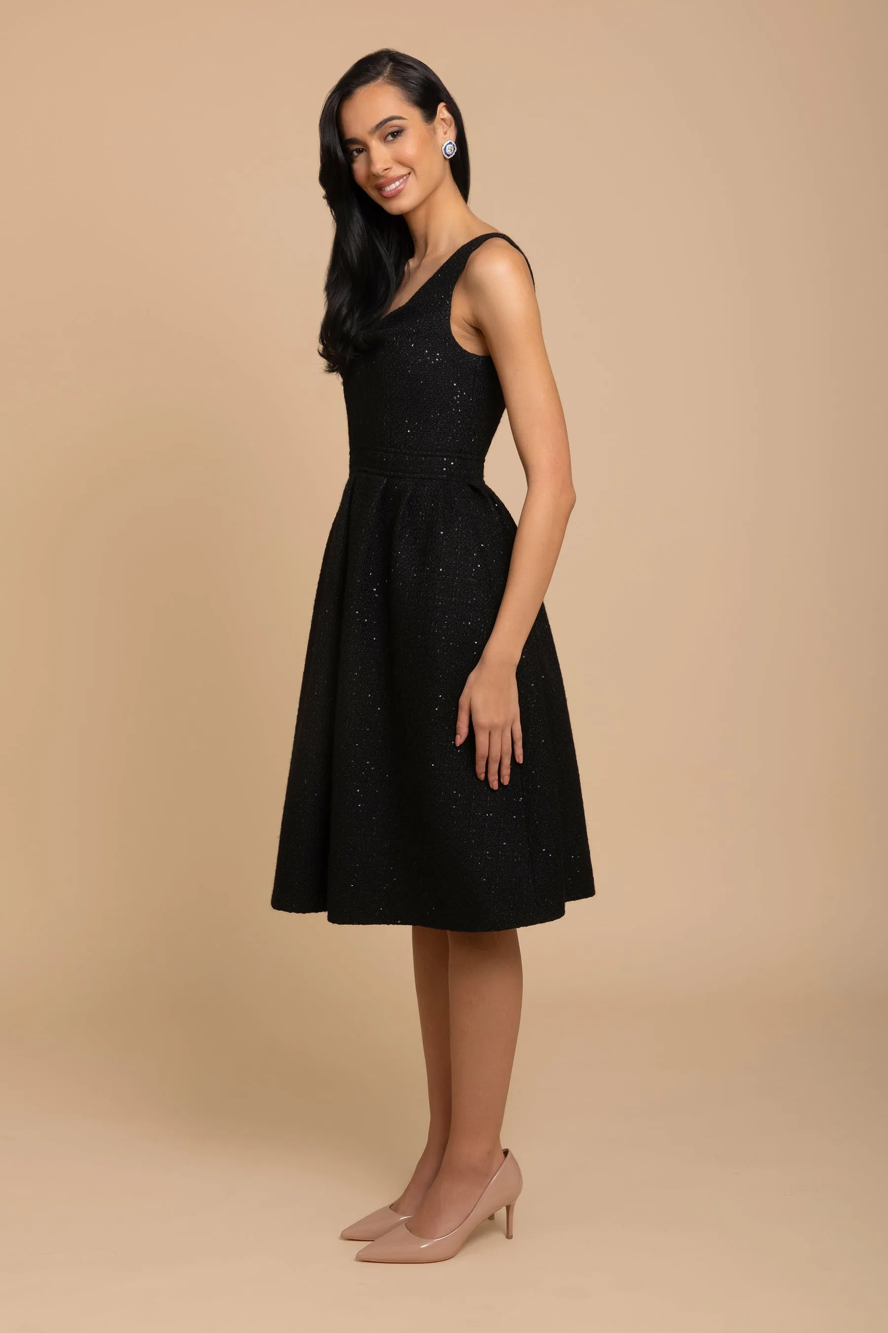 'Splendour' Wool Tweed Midi Dress in Nero