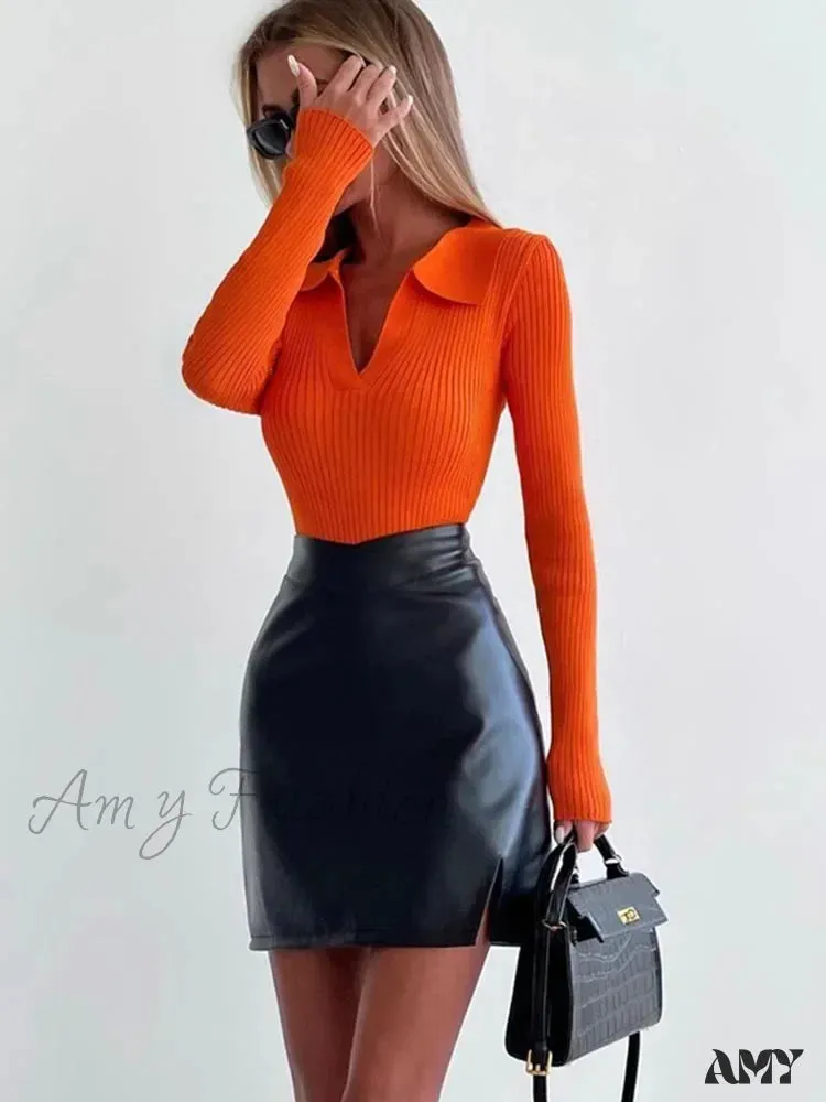 Spring Women's Knitted Blouse Long Sleeve Polo Collar Slim Stylish Cozy Trendy Comfortable Elegant Sweater